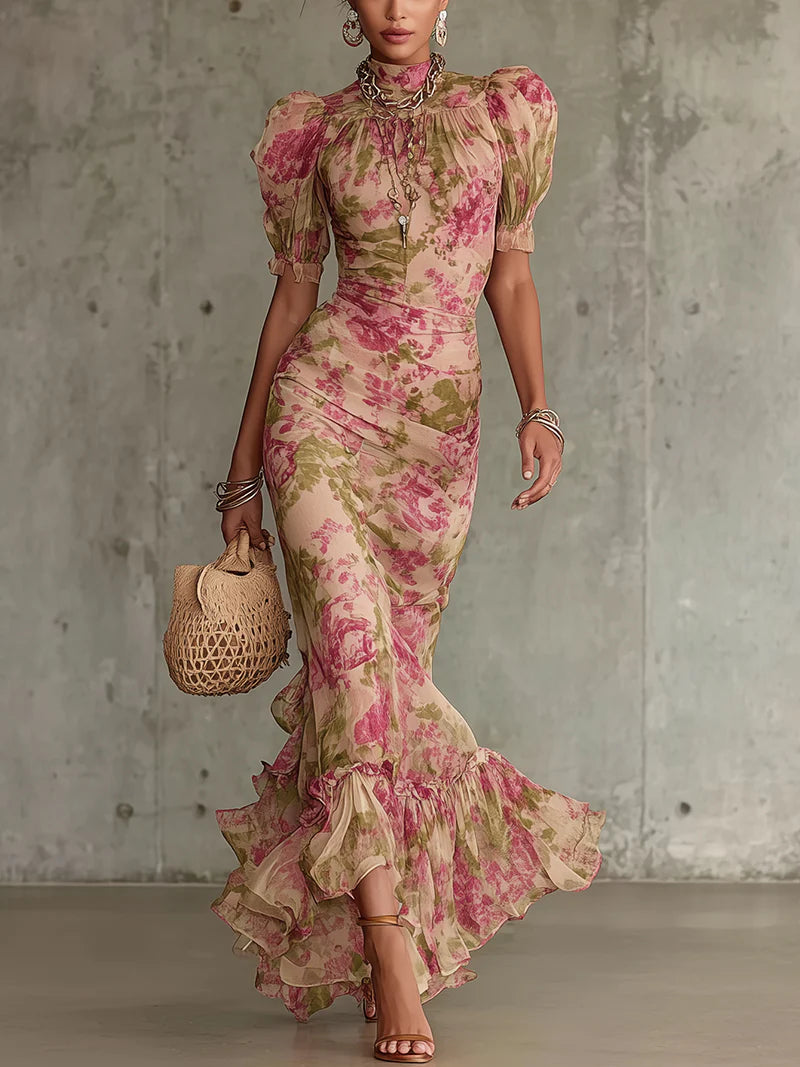 Rosalie | Robe longue à imprimé vintage fleuri et manches bouffantes