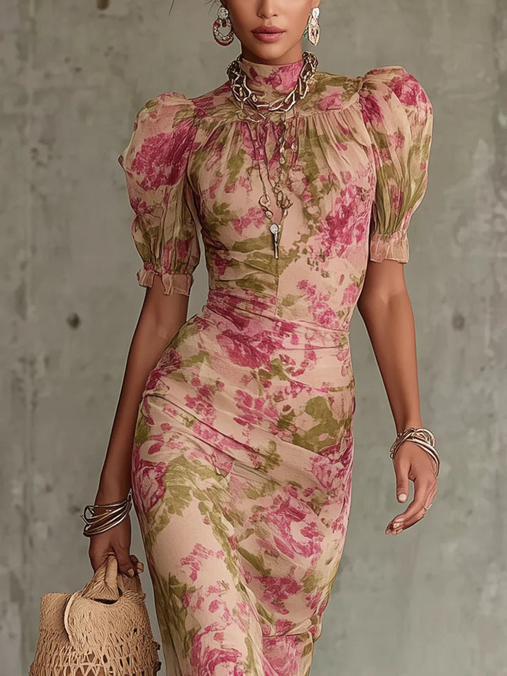 Rosalie | Robe longue à imprimé vintage fleuri et manches bouffantes